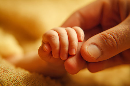 A tiny hand grasps a finger softly, illuminated by gentle, warm light that highlights purity, trust, and the unbreakable bond between caregiver and newborn.の写真素材