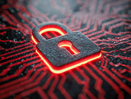 A vibrant red digital padlock illuminates the scene, representing secure data safeguarding amidst...