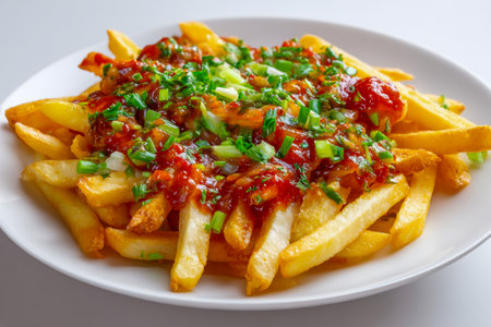 Crispy, golden-brown fries are drizzled with a colorful savory sauce and garnished with bright green onions, offering a mouthwatering snack or satisfying side.の写真素材
