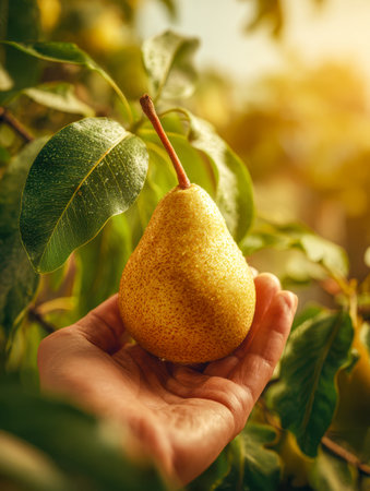 A soft hand cradles a sun-kissed golden pear, still attached to its leafy branch amid a lush orchard glowing with warm afternoon light, signaling harvest mode.の写真素材