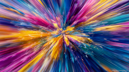 A lively burst of multicolored paint fragments radiates outward, forming an energetic swirl of yellow, blue, pink, purple, and orange hues perfect for artistic designの写真素材