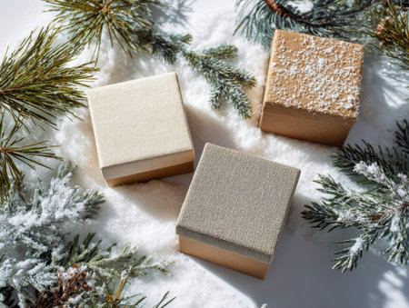 Cozy holiday scene featuring three sophisticated wrapped presents on a snowy ground, accented by frosted pine branches, evoking warmth and festive cheer.の写真素材