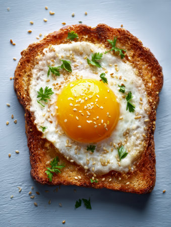 A warm, crunchy toast layered with a bright yolk egg, adorned with green parsley and speckled sesame seeds, set against a soothing light blue background.の写真素材