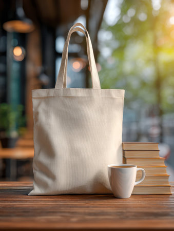 A neutral-toned tote rests on a warm wooden surface, nearby a neat pile of reading material and a white ceramic mug, evoking a relaxed, inviting caf? atmosphere.の写真素材