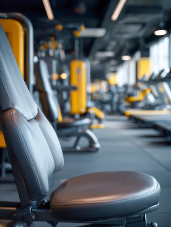 A sleek gym space showcasing a versatile bench designed for comfort, set against a vibrant backdrop of illuminating yellow exercise gear.の写真素材