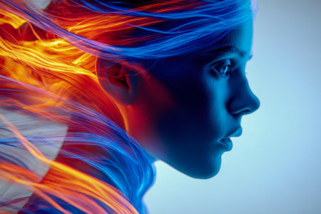 A striking profile reveals hair streaked with vivid azure and blazing crimson, set against a gentle gradient backdrop, embodying fierce vitality and balance.の写真素材