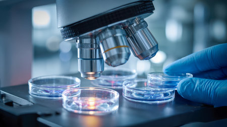 A researcher's gloved hand gently holds petri dishes illuminated by calming blue hues, while a high-powered microscope examines microscopic samples for medical insights.の写真素材