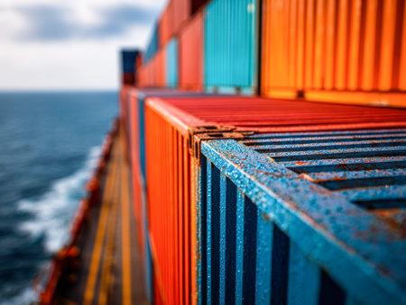 A lively mosaic of shipping crates in bold hues, towering on a vessel?s deck against a clear blue...