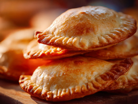 Warm sunlight highlights a rustic assortment of flaky, crispy-edged pastries layered atop a wooden surface, inviting savoring moment and artisanal appeal.の写真素材