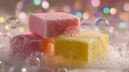 Brightly hued soap slices cloaked in fluffy white foam, shimmering in gentle light, set against a lively, luminous backdrop that exudes freshness and warmth.の写真素材