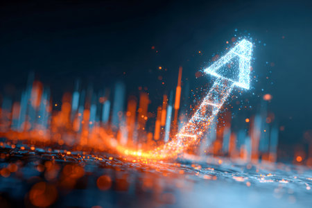 A luminous arrow composed of swirling particles ascends alongside increasing digital bars, representing innovation, progress, and expanding technological horizons agの写真素材