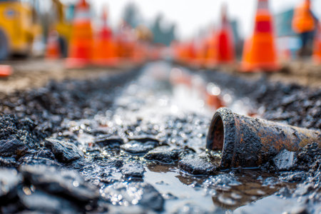 Corroded plumbing outlet drips onto a cracked street, encircled by safety markers, with a cityscape softly fading into the distance during repair activities.の写真素材