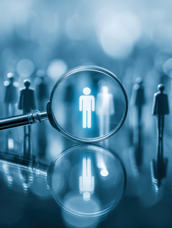 A close-up of a magnifying glass highlighting a standout individual amid a hazy sea of tiny human symbols, symbolizing targeted talent discovery and selection efforts.の写真素材
