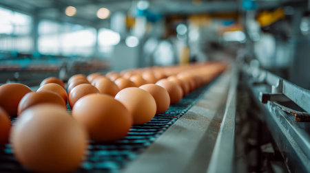 Warm-toned eggs glide smoothly on sleek, high-tech rollers beneath bright illumination, illustrating...