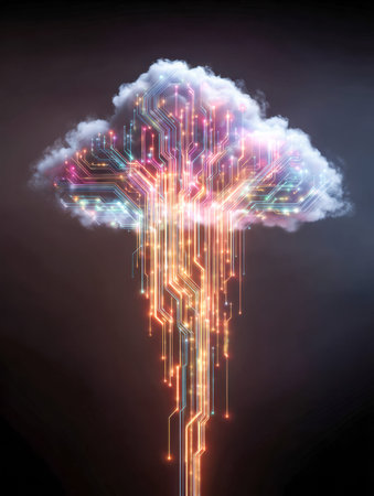 Illuminated circuit pathways cascade from a cloud-shaped data hub, symbolizing seamless digital...