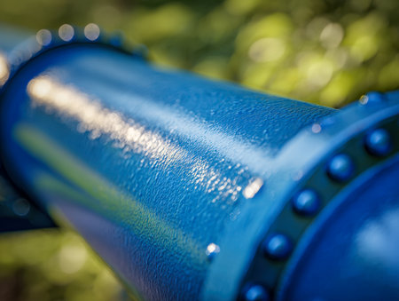 A close-up of a striking azure industrial pipe featuring a rough textured surface and secure bolt fastenings, set against a soft, out-of-focus greenery under brightの写真素材