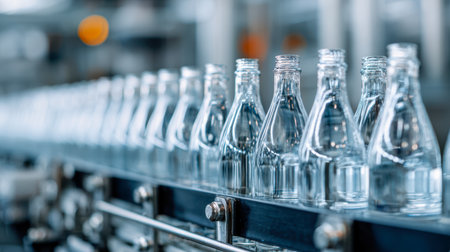 Sleek glass containers glide along a high-precision assembly line, illustrating streamlined automation and advanced manufacturing efficiency in a contemporary faciliの写真素材