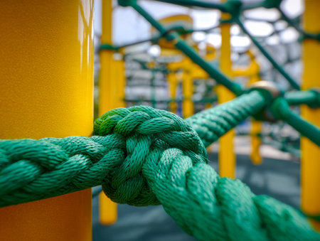 A sturdy green rope, tightly knotted, is attached to a bright yellow playground frame, highlighting durability and lively colors in an outdoor play area.の写真素材