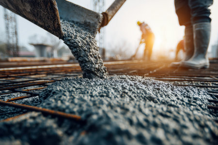 Morning light illuminates a bustling construction zone where workers direct fresh concrete onto steel reinforcement, setting the foundation's future structure.の写真素材