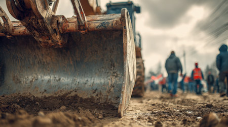 A rugged metal scoop clings to moist earth, set against a backdrop of overcast skies and busy workers, capturing the gritty essence of outdoor building efforts.の写真素材