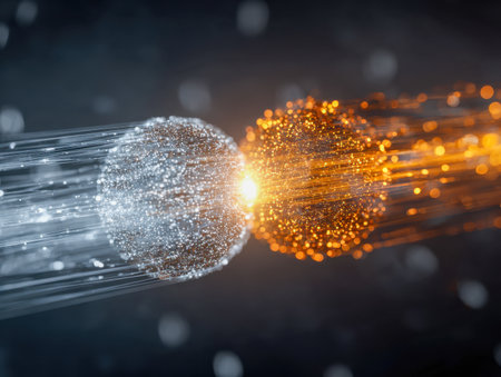 Two luminous orbs, one shimmering silver and the other glowing amber, exchange vibrant light trails in a captivating display of energetic connection and motion.の写真素材