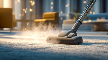 Sunlit living room with contemporary decor as steam revitalizes a soft, luxurious rug, creating a fresh and inviting atmosphere.の写真素材