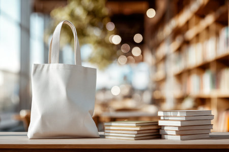 A simple white canvas tote rests on a wooden surface, surrounded by stacks of books, set against a softly blurred library backdrop that evokes a warm, inviting ambianceの写真素材