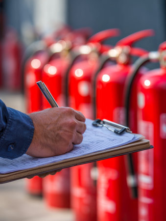 A safety professional inspects a fire extinguisher, carefully recording findings on a clipboard in a...