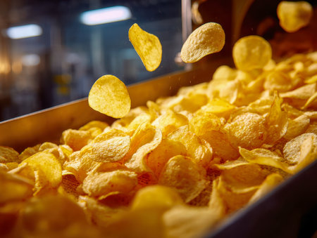 Bright, sunlit chips cascade along a busy factory line, highlighting their golden perfection and inviting crunch amid warm, industrial glow.の写真素材