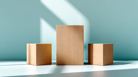 Trio of differently scaled corrugated containers rests on a clean surface, illuminated by gentle daylight, creating sharp angular shadows against a vibrant blue backdrop.の写真素材