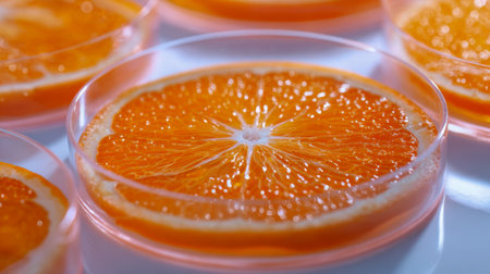 Brightly colored orange segments are artistically arranged in clear petri dishes, creating a striking display ideal for culinary showcases or scientific exhibits under iの写真素材