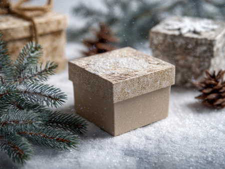 Vibrant holiday presents topped with intricate textures rest amidst lush pine foliage and rustic cones, dusted lightly with snow under a soft winter snowfall.の写真素材