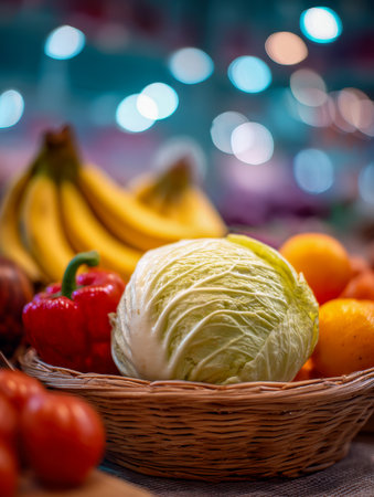 A colorful assortment of produce featuring a leafy cabbage, bright red pepper, ripe bananas, and juicy oranges artfully displayed in a textured woven basket againstの写真素材