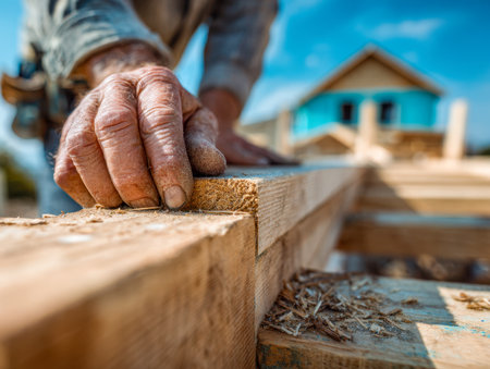 A seasoned craftsperson carefully refines a timber beam outdoors as sunlight illuminates the building site, capturing dedication and mastery in woodworking.の写真素材