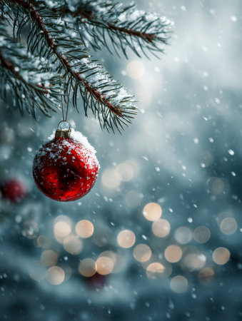 A vibrant crimson holiday decoration dangles amidst frosty pine needles, illuminated by gentle bokeh glows and drifting snowflakes, evoking a cozy winter scene outdoors.の写真素材