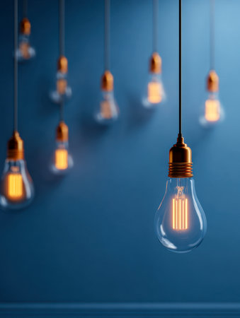 Elegant filament bulbs emit a cozy glow, suspended at varying heights against a gentle blue backdrop, enhancing contemporary interiors with nostalgic charm.の写真素材