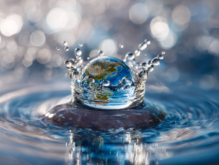 A detailed digital illustration showing the planet Earth within a shimmering water droplet mid-splash, emphasizing the planet's delicate water balance and the need for coの写真素材