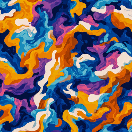 A lively explosion of movement and color, blending warm and cool tones in flowing, intricate forms that evoke a sense of vitality and creative energy.の写真素材