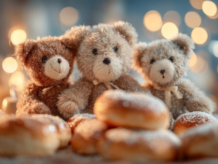 Cozy scene with three cuddly teddy bears nestled among an assortment of powdered sugar-covered donuts, illuminated by gentle warm lights enhancing the inviting amの写真素材