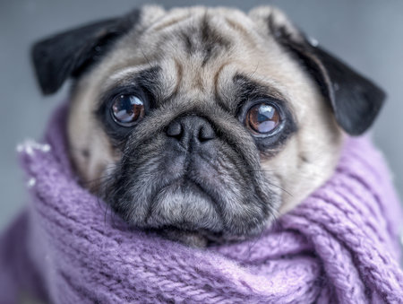 A charming pug with soulful eyes nestles comfortably in a soft violet scarf, radiating warmth and sweetness ideal for chilly seasonal photography.の写真素材