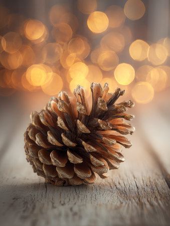 A solitary pine cone lies on weathered wood, illuminated by gentle, amber tones from blurred holiday...