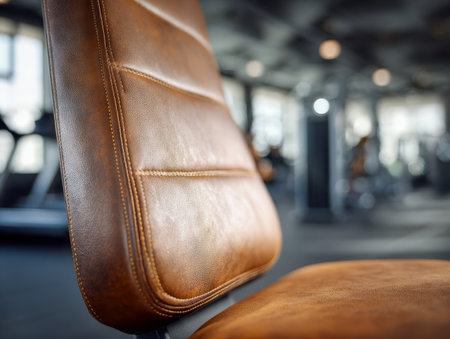 A close-up of a rich brown leather backrest in a contemporary gym setting, subtly illuminated with gentle lighting, while sleek workout gear remains softly out of focus iの写真素材
