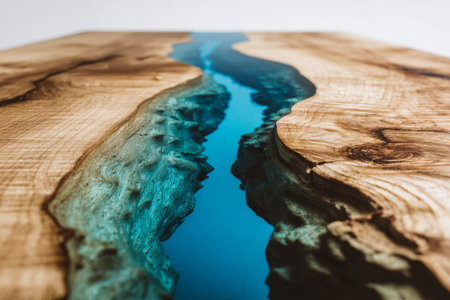 A crafted wooden surface with a lively blue resin flow that seamlessly merges with rich, textured wood patterns, adding a artistic and organic touch to any space.の写真素材
