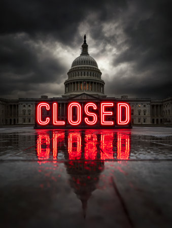 A striking crimson neon display reading "closed" shadows a historic government structure, its wet pavement mirroring the stormy night?s turbulent sky.の写真素材