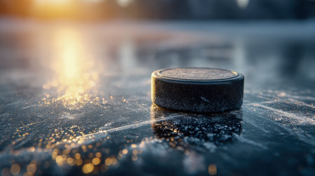 A sleek black hockey puck lies on glistening ice, illuminated by warm golden hour sunlight, with a blurred goal in the distance creating a calm, nostalgic atmosphereの写真素材