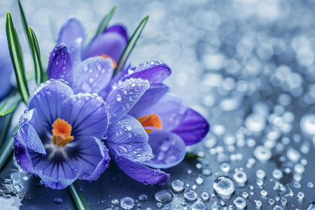 Beautiful blue crocuses in raindrop reflections, high quality spring flower imageの写真素材