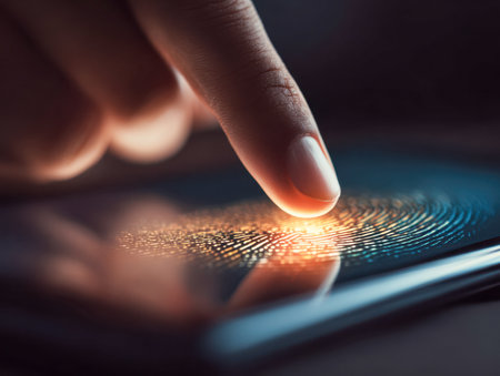 In a dim setting, a fingertip illuminates as it activates a luminous sensor, emphasizing modern security and the importance of personalized digital access.の写真素材