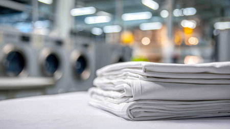 Crisp, spotless white sheets are carefully folded and arranged on a table, with sleek industrial machines softly out of focus behind in a contemporary laundry setting.の写真素材