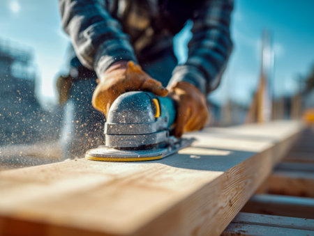 A proficient craftsman in protective gloves expertly sands a timber plank outdoors, sunlight highlighting airborne dust particles and emphasizing craftsmanship.の写真素材
