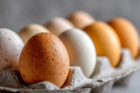 A close-up of earthy-toned eggs nestled in a carton, highlighting the intricate speckles and...